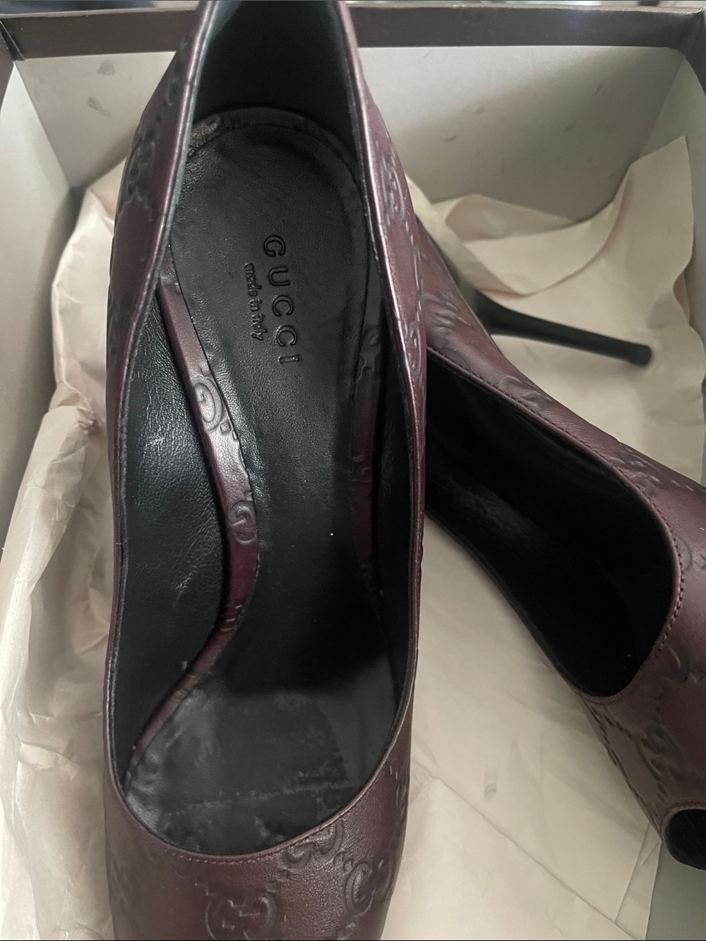 Gucci Embossed GG Peep-Toe Stiletto Heels - Picture 3 of 4